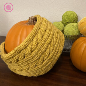 needle knit rope cable cowl on pumpkins